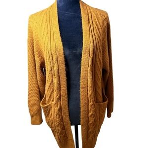 Mustard Cable Knit Open Cardigan Sweater | Sz L